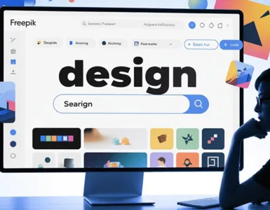 Utiliser Freepik : image ou photo d'un écran d’ordinateur avec l’interface de Freepik ouverte. On voit une barre de recherche avec le mot “design” tapé dedans. Autour de l’écran, quelques éléments graphiques flottent comme des icônes, des illustrations et des formes colorées. Une personne (style simple ou silhouette) regarde l’écran avec un air curieux et concentré.