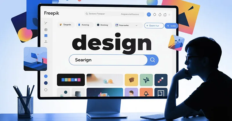 Utiliser Freepik : image ou photo d'un écran d’ordinateur avec l’interface de Freepik ouverte. On voit une barre de recherche avec le mot “design” tapé dedans. Autour de l’écran, quelques éléments graphiques flottent comme des icônes, des illustrations et des formes colorées. Une personne (style simple ou silhouette) regarde l’écran avec un air curieux et concentré.