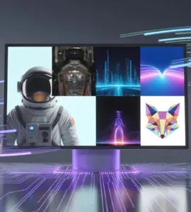 Générateur d'image IA : image ou photo d'une scène moderne avec un écran ou un ordinateur au centre. Sur l’écran, plusieurs images générées par IA apparaissent (un astronaute, un paysage futuriste, un animal stylisé). Autour, des effets lumineux et des éléments numériques pour montrer la puissance de l’IA.