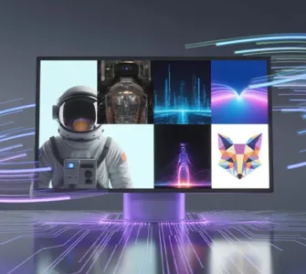 Générateur d'image IA : image ou photo d'une scène moderne avec un écran ou un ordinateur au centre. Sur l’écran, plusieurs images générées par IA apparaissent (un astronaute, un paysage futuriste, un animal stylisé). Autour, des effets lumineux et des éléments numériques pour montrer la puissance de l’IA.