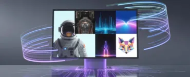 Générateur d'image IA : image ou photo d'une scène moderne avec un écran ou un ordinateur au centre. Sur l’écran, plusieurs images générées par IA apparaissent (un astronaute, un paysage futuriste, un animal stylisé). Autour, des effets lumineux et des éléments numériques pour montrer la puissance de l’IA.