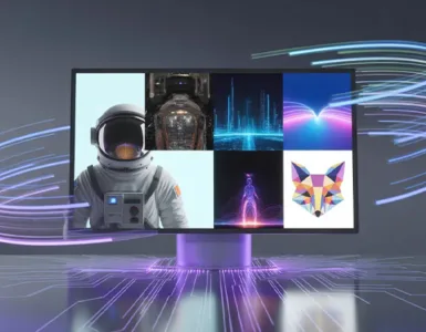 Générateur d'image IA : image ou photo d'une scène moderne avec un écran ou un ordinateur au centre. Sur l’écran, plusieurs images générées par IA apparaissent (un astronaute, un paysage futuriste, un animal stylisé). Autour, des effets lumineux et des éléments numériques pour montrer la puissance de l’IA.