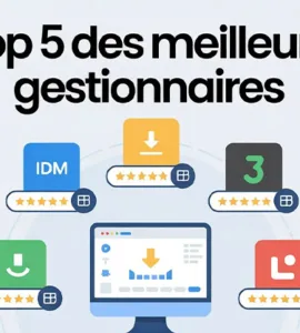 Gestionnaires de téléchargement : image ou photo des logos (idm, jdownloader, etc.) autour d’un écran central.
