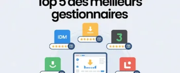 Gestionnaires de téléchargement : image ou photo des logos (idm, jdownloader, etc.) autour d’un écran central.