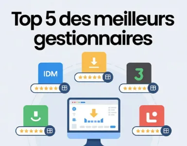 Gestionnaires de téléchargement : image ou photo des logos (idm, jdownloader, etc.) autour d’un écran central.