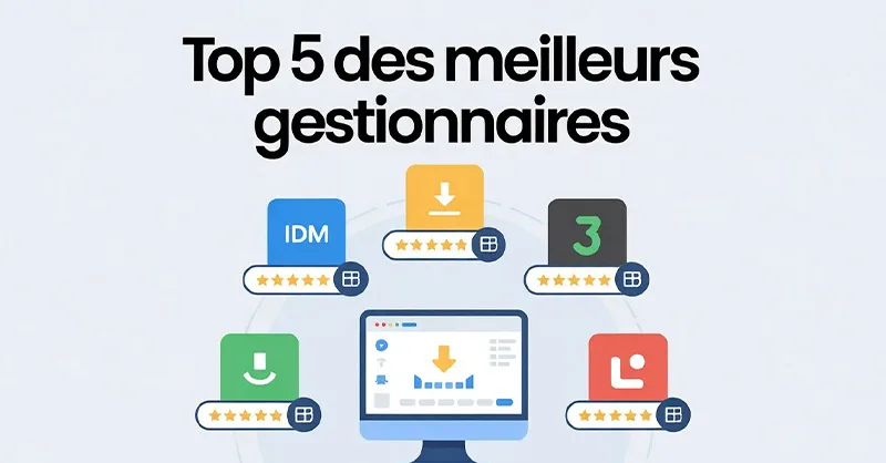 Gestionnaires de téléchargement : image ou photo des logos (idm, jdownloader, etc.) autour d’un écran central.