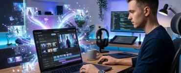 Google Flow : image ou photo d'un créateur de contenu travaillant sur un ordinateur portable affichant l'interface de "Google Flow Editor" pour le montage vidéo.