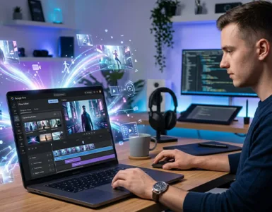 Google Flow : image ou photo d'un créateur de contenu travaillant sur un ordinateur portable affichant l'interface de "Google Flow Editor" pour le montage vidéo.