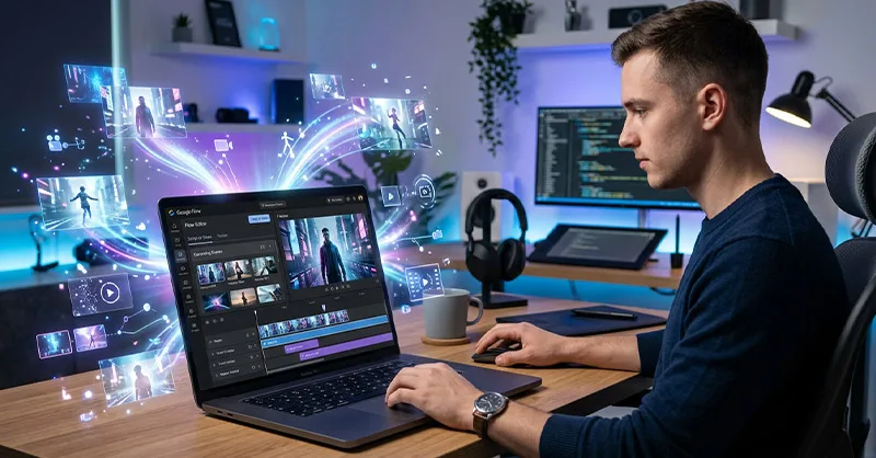 Google Flow : image ou photo d'un créateur de contenu travaillant sur un ordinateur portable affichant l'interface de "Google Flow Editor" pour le montage vidéo.