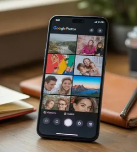 Google Photos : image ou photo d'un smartphone posé sur une table avec l’application Google Photos ouverte montrant une galerie colorée.