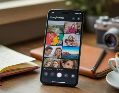 Google Photos : image ou photo d'un smartphone posé sur une table avec l’application Google Photos ouverte montrant une galerie colorée.