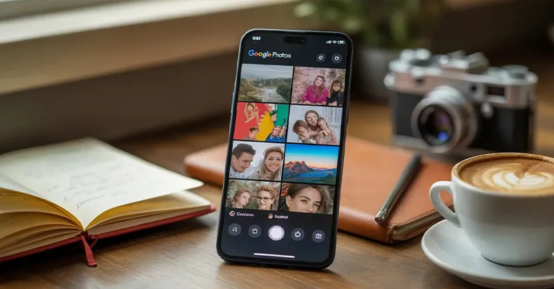 Google Photos : image ou photo d'un smartphone posé sur une table avec l’application Google Photos ouverte montrant une galerie colorée.