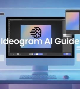 Ideogram.ai : image ou photo d'un ordinateur moderne affichant une création image ia, interface futuriste, lumière douce, ambiance créative, texte ideogram ai guide en typographie claire, style minimaliste, couleurs bleu et violet, rendu professionnel.