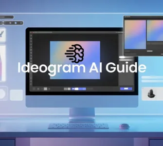 Ideogram.ai : image ou photo d'un ordinateur moderne affichant une création image ia, interface futuriste, lumière douce, ambiance créative, texte ideogram ai guide en typographie claire, style minimaliste, couleurs bleu et violet, rendu professionnel.