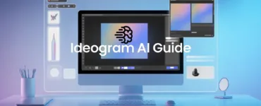 Ideogram.ai : image ou photo d'un ordinateur moderne affichant une création image ia, interface futuriste, lumière douce, ambiance créative, texte ideogram ai guide en typographie claire, style minimaliste, couleurs bleu et violet, rendu professionnel.