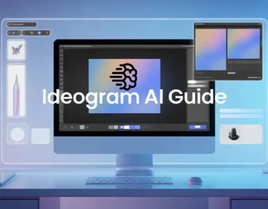 Ideogram.ai : image ou photo d'un ordinateur moderne affichant une création image ia, interface futuriste, lumière douce, ambiance créative, texte ideogram ai guide en typographie claire, style minimaliste, couleurs bleu et violet, rendu professionnel.