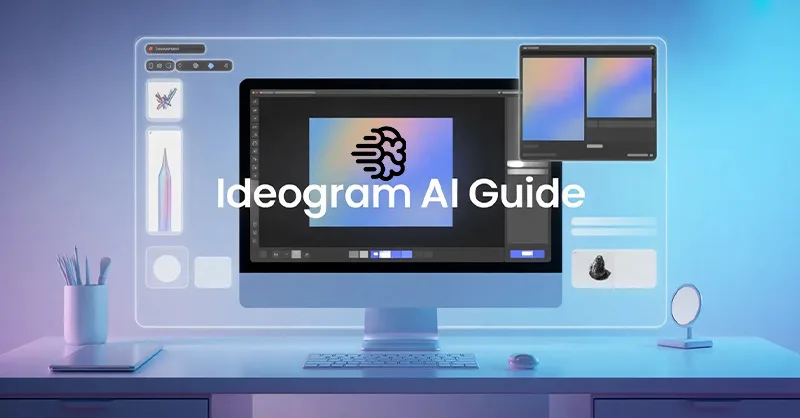 Ideogram.ai : image ou photo d'un ordinateur moderne affichant une création image ia, interface futuriste, lumière douce, ambiance créative, texte ideogram ai guide en typographie claire, style minimaliste, couleurs bleu et violet, rendu professionnel.