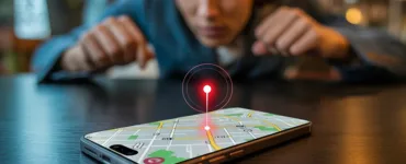 Localiser un téléphone : image ou photo d'un smartphone posé sur une table sombre, avec une carte lumineuse qui s’affiche sur l’écran 📱. Un point rouge clignotant indique la localisation.