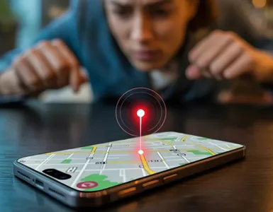 Localiser un téléphone : image ou photo d'un smartphone posé sur une table sombre, avec une carte lumineuse qui s’affiche sur l’écran 📱. Un point rouge clignotant indique la localisation.