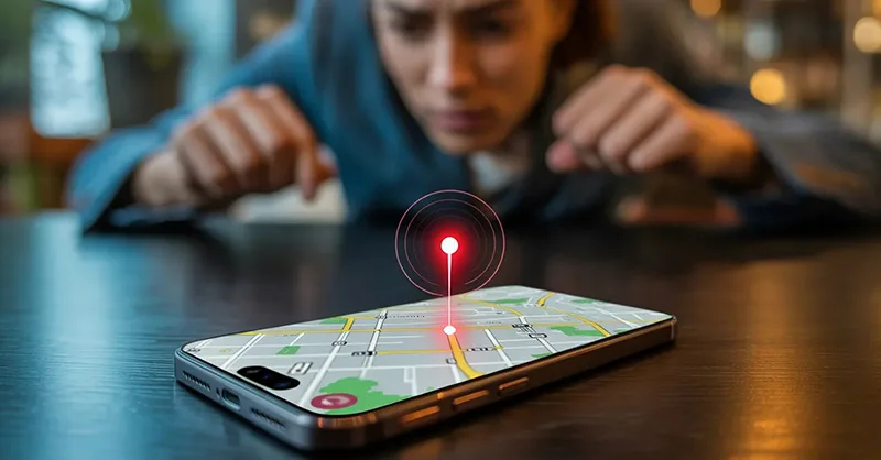 Localiser un téléphone : image ou photo d'un smartphone posé sur une table sombre, avec une carte lumineuse qui s’affiche sur l’écran 📱. Un point rouge clignotant indique la localisation.