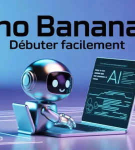 Nano Banana AI : image ou photo d'un n petit robot mignon (style cartoon) assis devant un ordinateur portable. L’écran affiche une interface d’intelligence artificielle avec du texte qui se génère automatiquement.