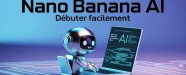 Nano Banana AI : image ou photo d'un n petit robot mignon (style cartoon) assis devant un ordinateur portable. L’écran affiche une interface d’intelligence artificielle avec du texte qui se génère automatiquement.