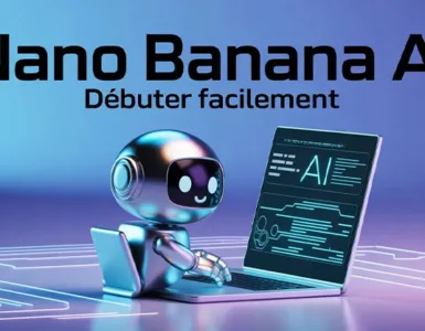 Nano Banana AI : image ou photo d'un n petit robot mignon (style cartoon) assis devant un ordinateur portable. L’écran affiche une interface d’intelligence artificielle avec du texte qui se génère automatiquement.