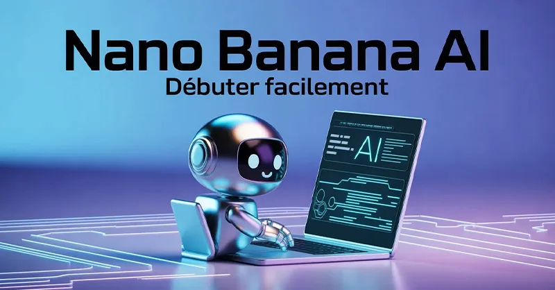 Nano Banana AI : image ou photo d'un n petit robot mignon (style cartoon) assis devant un ordinateur portable. L’écran affiche une interface d’intelligence artificielle avec du texte qui se génère automatiquement.