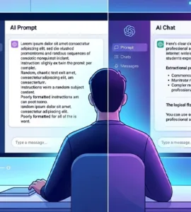 Optimiser ses prompts : image ou photo d'une personne assise devant un ordinateur portable. Un prompt clair et désorganisé à gauche et un prompt clair , structuré à droite.