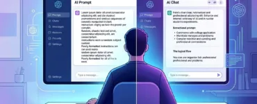 Optimiser ses prompts : image ou photo d'une personne assise devant un ordinateur portable. Un prompt clair et désorganisé à gauche et un prompt clair , structuré à droite.