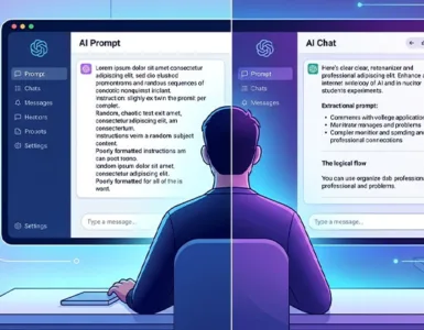 Optimiser ses prompts : image ou photo d'une personne assise devant un ordinateur portable. Un prompt clair et désorganisé à gauche et un prompt clair , structuré à droite.