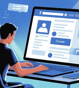 Page Facebook : image ou photo d'une personne assise avec un ordinateur portable, en train de créer une page facebook. Sur l’écran, on voit une interface simple de profil avec une photo, un bouton “Créer”, et quelques icônes réseaux sociaux autour.