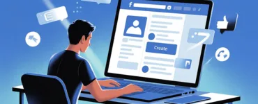 Page Facebook : image ou photo d'une personne assise avec un ordinateur portable, en train de créer une page facebook. Sur l’écran, on voit une interface simple de profil avec une photo, un bouton “Créer”, et quelques icônes réseaux sociaux autour.