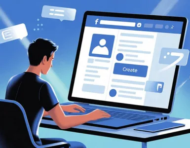 Page Facebook : image ou photo d'une personne assise avec un ordinateur portable, en train de créer une page facebook. Sur l’écran, on voit une interface simple de profil avec une photo, un bouton “Créer”, et quelques icônes réseaux sociaux autour.