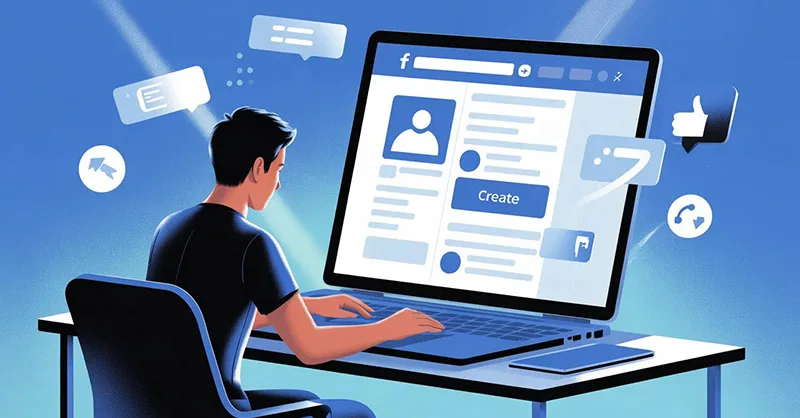 Page Facebook : image ou photo d'une personne assise avec un ordinateur portable, en train de créer une page facebook. Sur l’écran, on voit une interface simple de profil avec une photo, un bouton “Créer”, et quelques icônes réseaux sociaux autour.