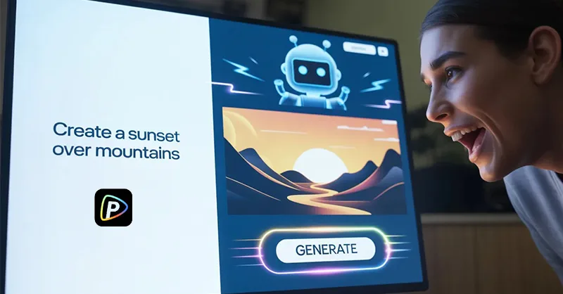 Pollo.ai : image ou photo d'un écran d’ordinateur ou un smartphone affichant une interface d’IA en train de générer une vidéo. À gauche, un simple texte (prompt).