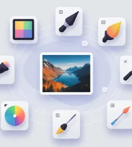 Retouche photo : image ou photo affichant une scène simple avec des icônes de filtres, pinceaux et réglages autour d’une image.