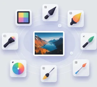 Retouche photo : image ou photo affichant une scène simple avec des icônes de filtres, pinceaux et réglages autour d’une image.