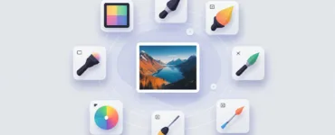 Retouche photo : image ou photo affichant une scène simple avec des icônes de filtres, pinceaux et réglages autour d’une image.