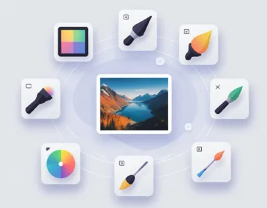 Retouche photo : image ou photo affichant une scène simple avec des icônes de filtres, pinceaux et réglages autour d’une image.