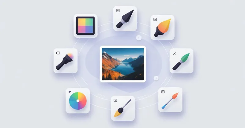 Retouche photo : image ou photo affichant une scène simple avec des icônes de filtres, pinceaux et réglages autour d’une image.