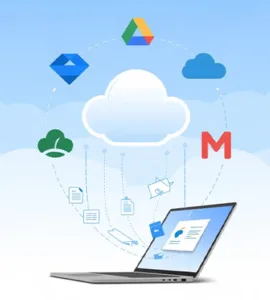 Services de stockage en ligne : image ou photo de plusieurs icônes de services (Google Drive, Dropbox, OneDrive, pCloud, MEGA) disposées autour d’un nuage. Ajoute un ordinateur portable ou un smartphone ouvert avec des fichiers.