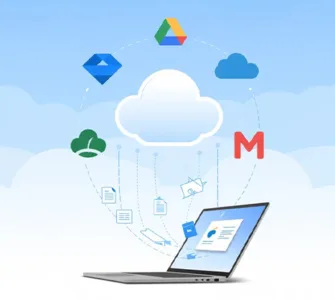 Services de stockage en ligne : image ou photo de plusieurs icônes de services (Google Drive, Dropbox, OneDrive, pCloud, MEGA) disposées autour d’un nuage. Ajoute un ordinateur portable ou un smartphone ouvert avec des fichiers.