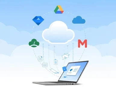 Services de stockage en ligne : image ou photo de plusieurs icônes de services (Google Drive, Dropbox, OneDrive, pCloud, MEGA) disposées autour d’un nuage. Ajoute un ordinateur portable ou un smartphone ouvert avec des fichiers.
