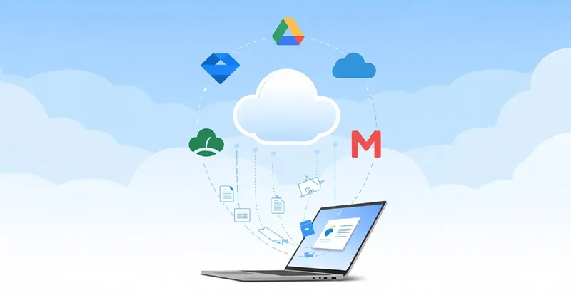 Services de stockage en ligne : image ou photo de plusieurs icônes de services (Google Drive, Dropbox, OneDrive, pCloud, MEGA) disposées autour d’un nuage. Ajoute un ordinateur portable ou un smartphone ouvert avec des fichiers.