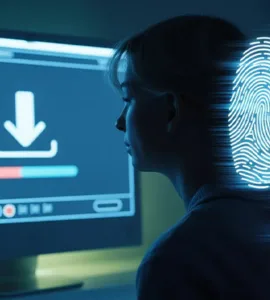 Télécharger sans laisser de traces : image ou photo d'un personnage assis devant un ordinateur éclairé uniquement par l’écran. Sur l’écran, on voit une icône de téléchargement avec une barre de progression.
