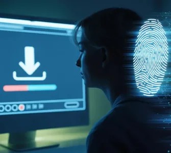 Télécharger sans laisser de traces : image ou photo d'un personnage assis devant un ordinateur éclairé uniquement par l’écran. Sur l’écran, on voit une icône de téléchargement avec une barre de progression.