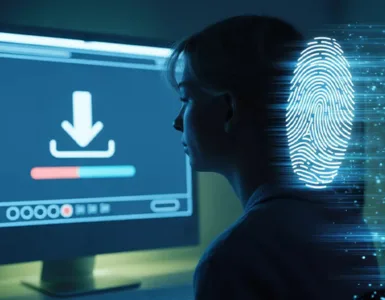 Télécharger sans laisser de traces : image ou photo d'un personnage assis devant un ordinateur éclairé uniquement par l’écran. Sur l’écran, on voit une icône de téléchargement avec une barre de progression.