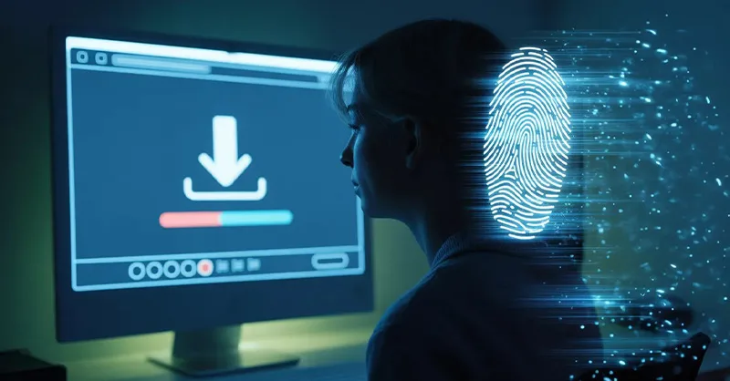 Télécharger sans laisser de traces : image ou photo d'un personnage assis devant un ordinateur éclairé uniquement par l’écran. Sur l’écran, on voit une icône de téléchargement avec une barre de progression.