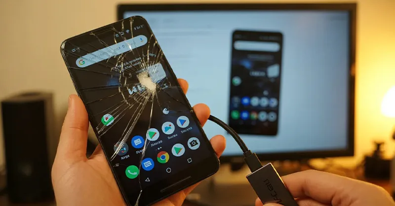 Téléphone avec écran cassé : image ou photo d'un smartphone Android avec un écran fortement fissuré au premier plan. L’écran affiche une interface légèrement visible (comme des icônes ou un écran d’accueil flou). Une main tient une souris branchée au téléphone avec un câble OTG.